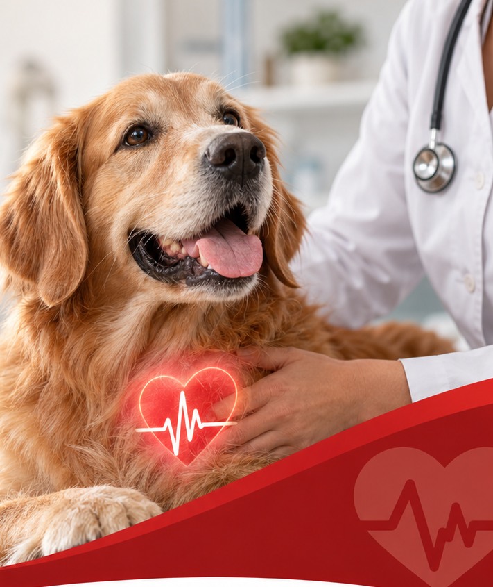 Perro golden retriever acompañado por una profesional veterinaria, con ilustración de corazón y latido