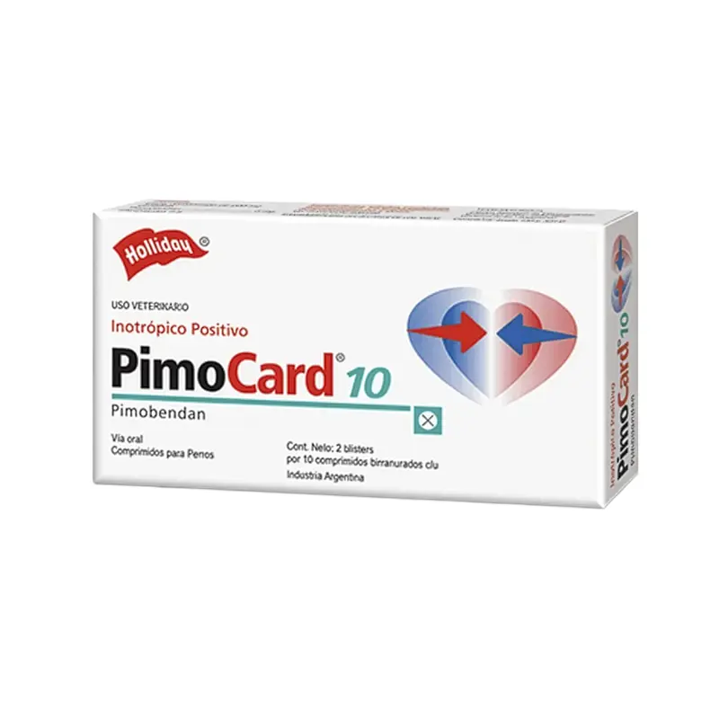 Envase comercial de PimoCard 10 mg, laboratorio Holliday