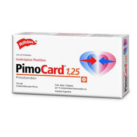 Envase comercial de PimoCard 1,25 mg, laboratorio Holliday
