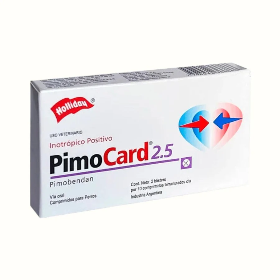 Envase comercial de PimoCard 2,5 mg, laboratorio Holliday